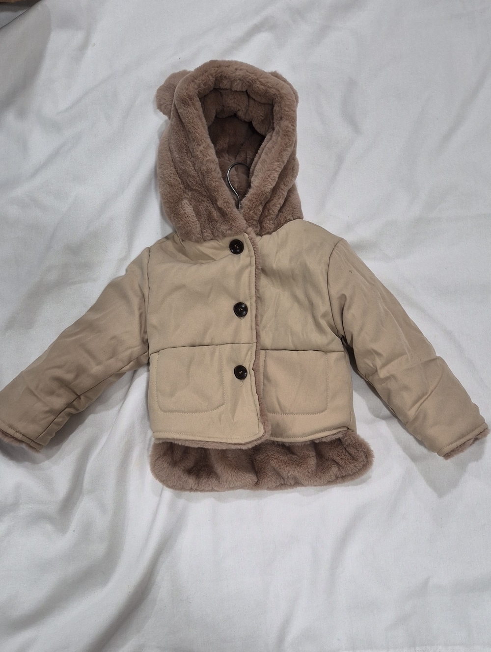Kids Hooded Faux-Fur Trim Puffer Jacket in Beige